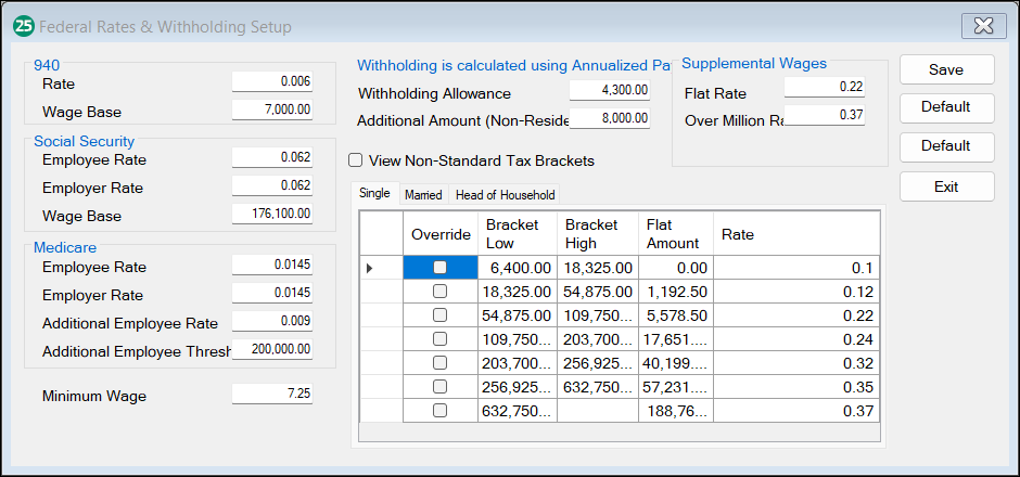 Federal Rates and Withholdings screen